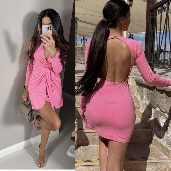 ZARA WOMENS PINK MINI DRAPED KNOTTED V-NECK DRESS REF.2780/636 SS22 NWT M - Picture 1 of 12